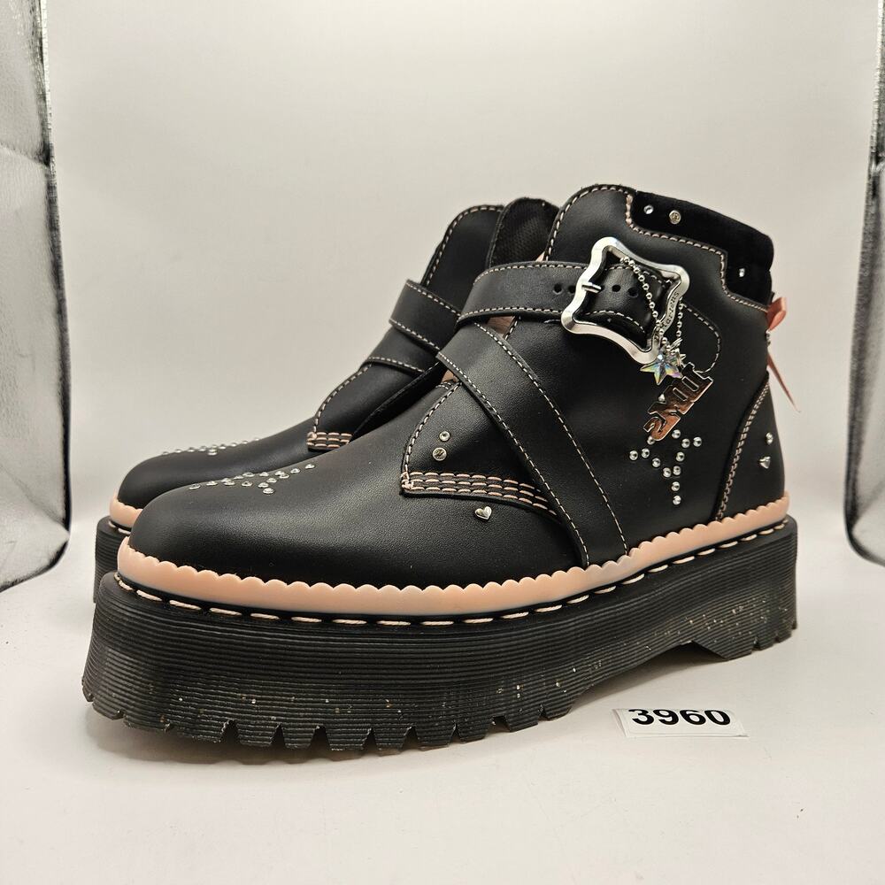 DR MARTENS WOMEN'S 11 CAITIE LEATHER BUCKLE PLATFORM LIMITED EDITION BOOTS BLACK